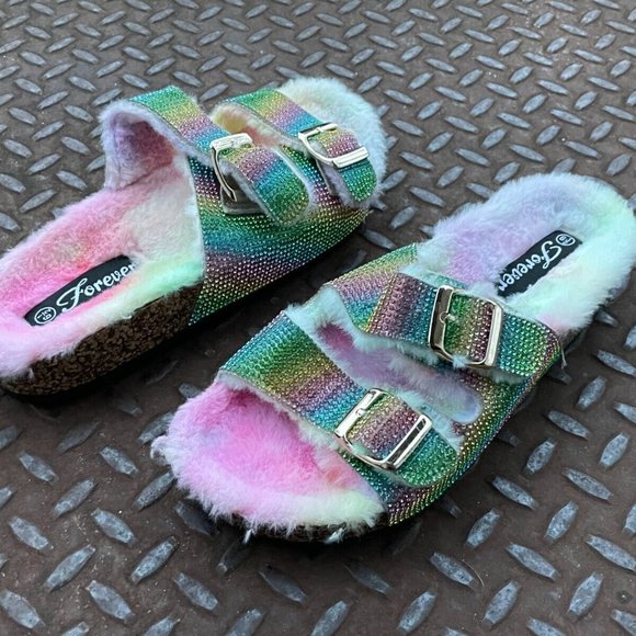Forever21 Women Sandal Shoes Multi Color Bling Faux Fur Shoes Size 6.5 - Picture 8 of 11